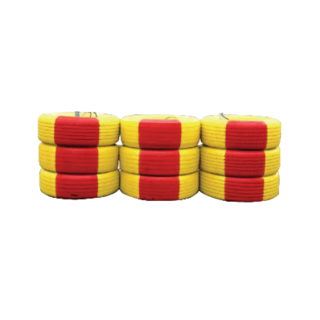 Trafikbuffert, nio stycken däck i färgerna gult och rött